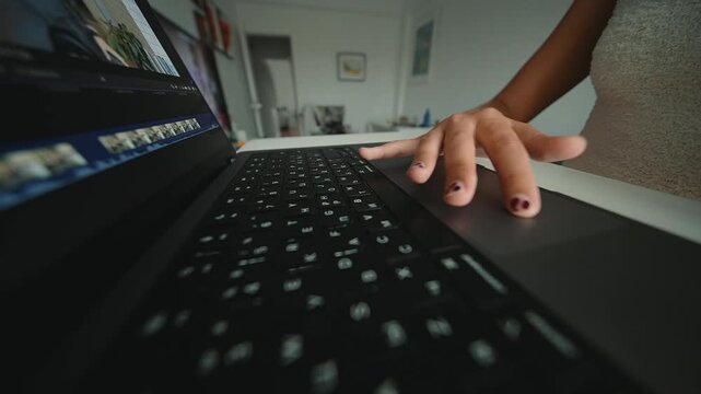 Precise and systematic data input on laptop in welllit home office setting