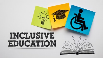 A visual representation of inclusive education featuring sticky notes with symbols of learning, accessibility, and a book, emphasizing diverse educational needs.