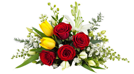 beautiful spring flower bouquet combining red roses yellow tulips white lilies and green leaves transparent background