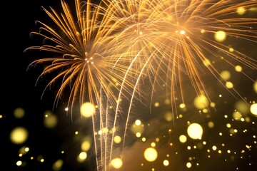 Golden Fireworks Explosion with Bokeh Lights on Night Sky