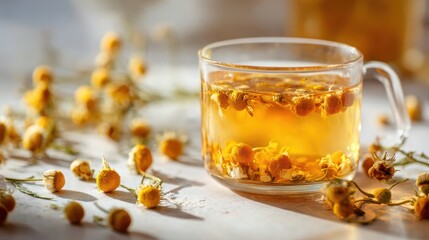 Chamomile Tea in Transparent Glass, Herbal Infusion