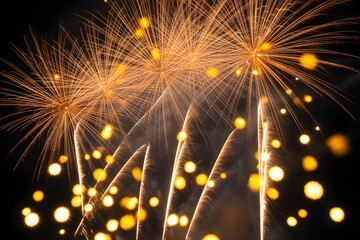 Golden Fireworks Explosion with Bokeh Lights on Night Sky