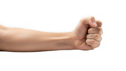 Powerful human arm fist clenched tense muscles showing strength determination grit and resistance concept closeup isolated studio shot