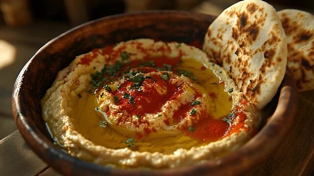 Delicious Hummus with Olive Oil and Paprika Served in a Rustic Bowl with Pita Bread.