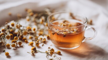 Chamomile Tea in Transparent Glass, Herbal Infusion