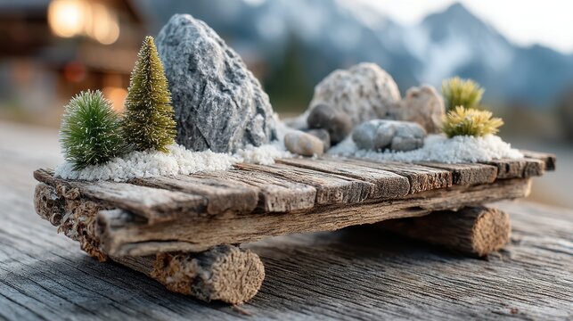A charming miniature landscape model showcasing a wooden bridge adorned with rocks and small greenery, capturing the beauty of nature in a compact form.