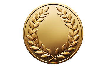 Single gold coin with embossed laurel wreath design, gleaming finish, Isolated to Transparent Background