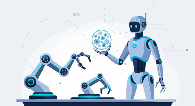 Future automation showcases advanced robotic arms and humanoid, designed for precise scientific