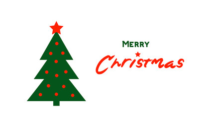 A green Christmas tree with red baubles and a red star isolated on a white background with the text 