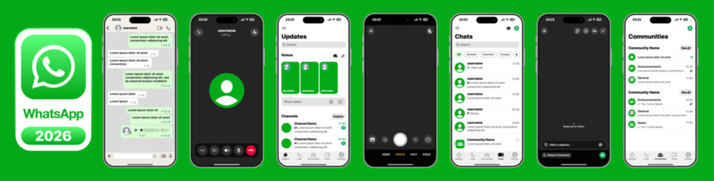 WhatsApp layout showing chat bubble status communities camera calls profile message search link voice note and detailed modern messaging interface vector illustration
