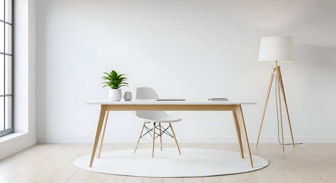 Bright and airy minimalist home office with a white desk modern chair and floor lamp against a clean white wall