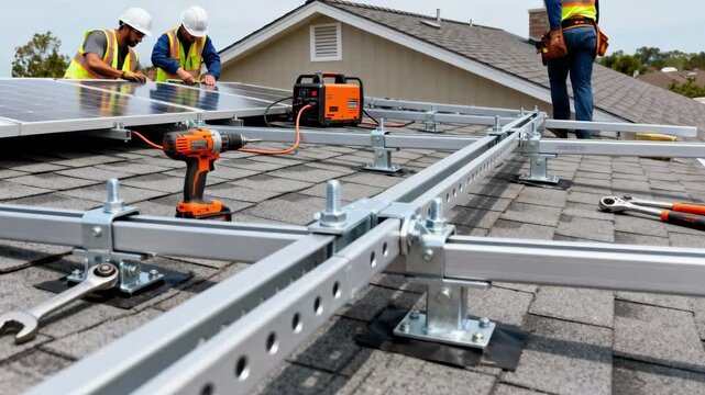 Skilled crew assembling modular rail components to create a durable framework for solar panel installation on a residential building.