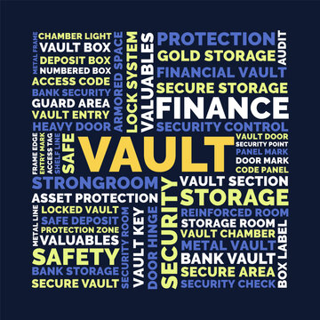 Vault security word cloud design, vault protection and finance storage terms in modern square layout