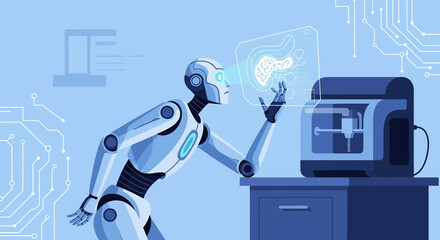 Futuristic biomedical engineering a robot analyzing an organ for 3D printing application