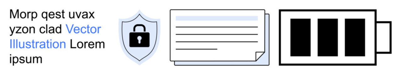 Obraz premium Cybersecurity, data protection, energy management, power efficiency, office work, digital safety. Shield icon, text document and battery icon with charge levels. Cybersecurity and energy management
