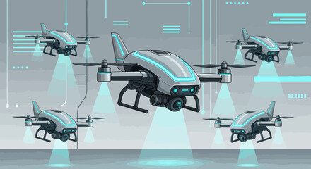 Futuristic drone fleet illustration showcasing autonomous surveillance technology and aerial