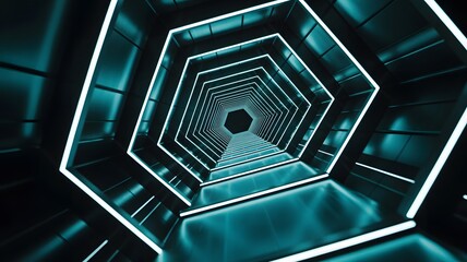 Futuristic hexagonal tunnel with glowing teal neon lights receding into a dark mysterious vanishing point creating a sense of depth and motion