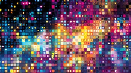 A vibrant digital mosaic of colorful squares and circles, creating a lively abstract background with bright and eye-catching colors.