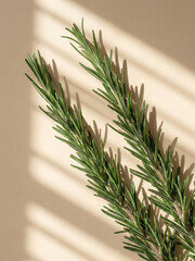 &ldquo;Fresh rosemary sprigs on a beige background with soft window light shadows