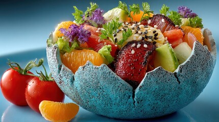 Fresh fruit salad displayed in a unique bowl with colorful ingredients on a blue background during a summer gathering at a kitchen table