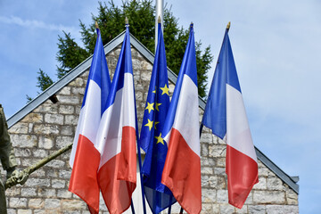 French Flags with One European Union Flag in the Center in Normandy