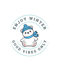 Enjoy Winter Good Vibes Only Illustration, Cute Winter Village Scene with Trees, Snowflakes, Sun and Hand-Drawn Lettering – Colorful Seasonal Artwork for T-Shirt Design, Stickers, and Holiday Graphic.