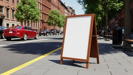 A sidewalk scene featuring a blank wooden a frame sign and blurred city cars passing by