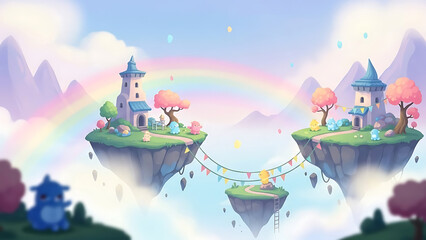 Obraz premium fantasy landscape with rainbow and clouds A whimsical pastel fantasy world filled with floating islands, tiny adorable creatures, and rainbow mist drifting through soft-blurred edges. A magical and up