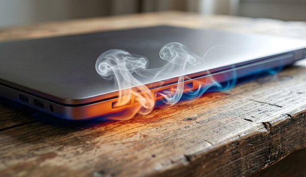 Overheating laptop emitting smoke and fire glow on a wooden table due to hardware failure