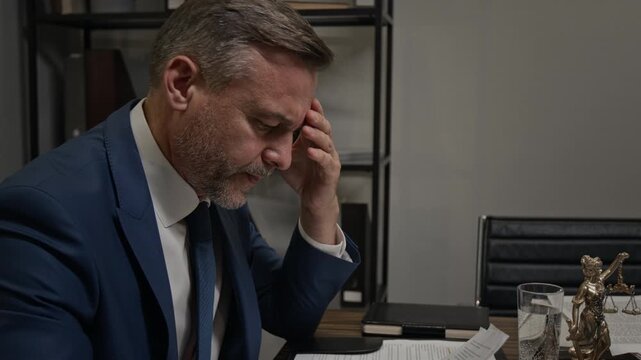 Medium close-up of stressed, exhausted middle-aged Caucasian male attorney working with legal documents, analyzing business contract, while preparing arguments for court lawsuit
