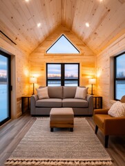 Tiny home Christmas decor, A cozy, modern interior featuring a wooden cabin design with a sofa, ottoman, and large windows showcasing a serene landscape.