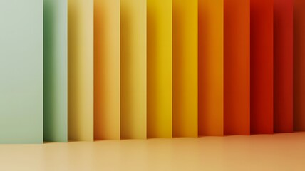A vibrant gradient of colorful paper sheets arranged vertically in a studio setting creating a beautiful spectrum of warm and cool tones