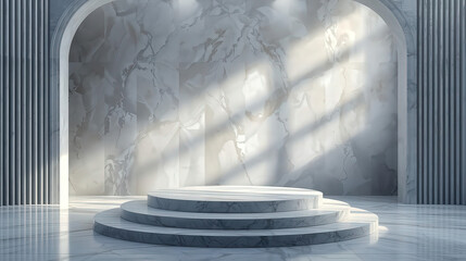 Interior design scene of a modern house kitchen with a stack of clean white porcelain plates and blue ceramic coffee cups on a table
