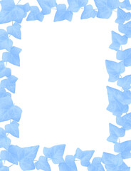 Soft blue ivy leaves forming a rectangular frame on a white background, top view, light digital watercolor texture, vertical banner layout. Copy space
