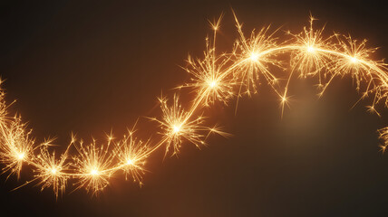 Wavy line of burning sparklers with glowing embers against a dark brown background firework celebration