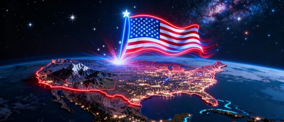 Futuristic USA Map at Night With Glowing American Flag in Space