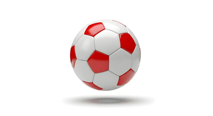 Fototapeta premium A vibrant red and white soccer ball floats playfully on a clean white background, perfect for sports marketing, game promotions, or athletic event designs.