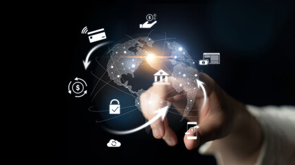Worldwide digital payment network showing secure financial transactions. Digital payment supports transfer, digital payment ensures security, boosts convenience, drives global finance. Latch