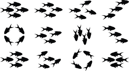 Black Fish Silhouette Groups in Grid Layout for Pattern Recognition, Visual Design, Education, Counting, and Marine-Themed Illustration Projects