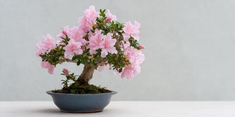 Blooming azalea bonsai tree with pink flowers on neutral background