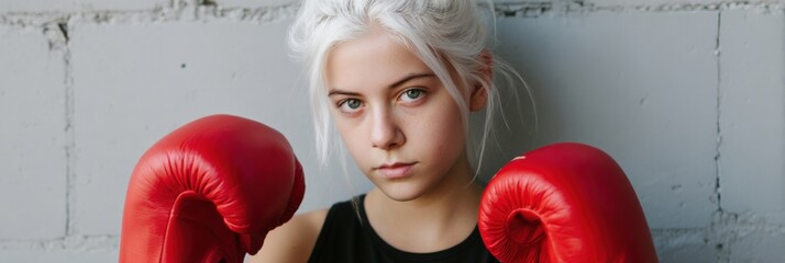 Young caucasian female boxer with red gloves in focus