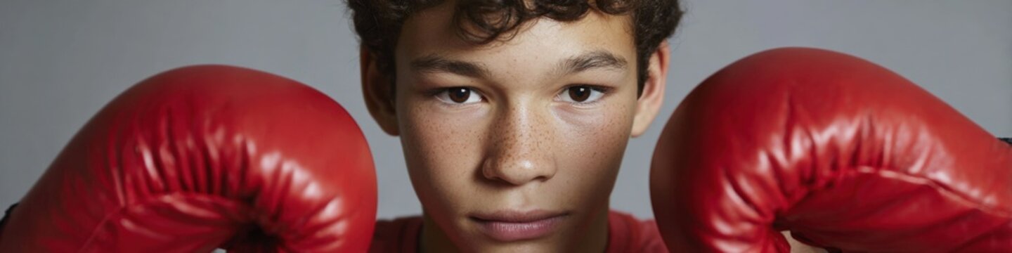 Focused young caucasian male teen boxer with red gloves