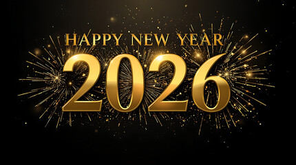Elegant Golden 2026 Typography With Happy New Year Text On Black Background with Dazzling Fireworks