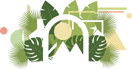 Abstract botanical illustration featuring tropical leaves and geometric shapes