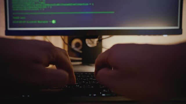 Programmer Coding in Dark Cyber Security Workspace. Close-up of a programmer&rsquo;s hands typing code on a keyboard. Dark room. Monitors display scripts and debugging tools. Cyber security.