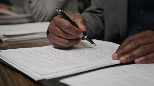 Close-up of hands of anonymous African American male lawyer or businessman sitting at table during meeting, proofreading and analyzing document draft, then signing with pen