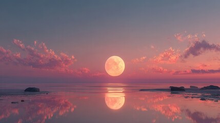 Full moon rises over calm ocean with pink sunset skies reflecting on the water creating a serene coastal scene
