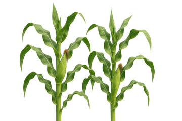Obraz premium Green corn plants growing with young ears on transparent background, symbolizing agriculture and harvest
