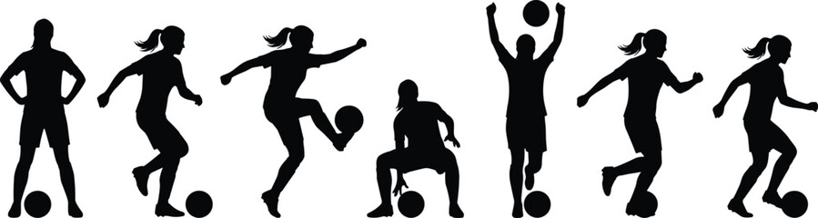 Silhouettes of soccer players performing various football actions, including kicking, dribbling, controlling ball, celebrating and posing, athletic sports movement illustration for design use