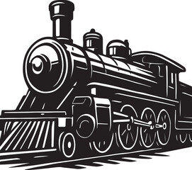 Vintage steam locomotive engine illustration in black and white. Classic railway transport icon showing a powerful steam train on tracks for travel and history themes. © graphicsview002